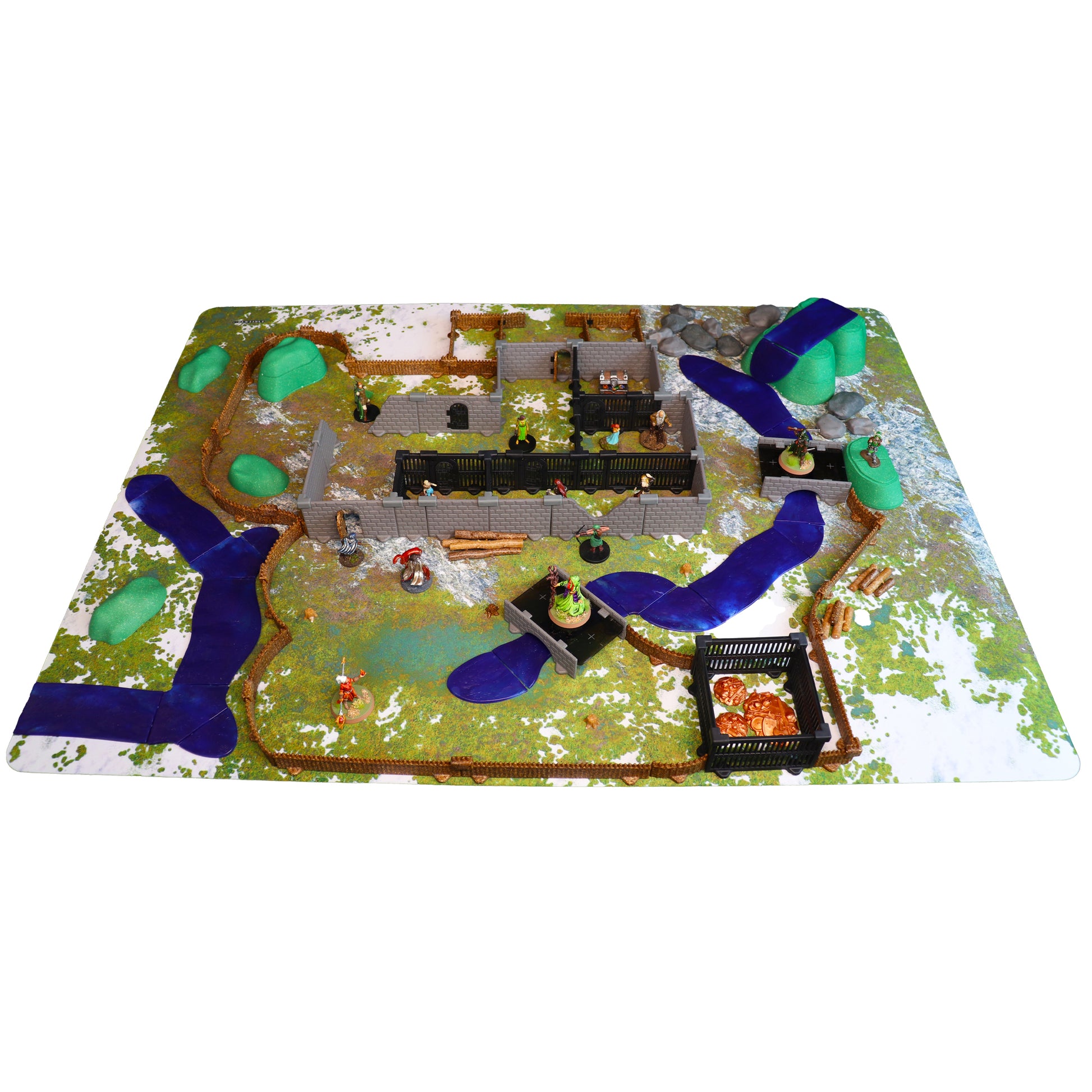 Wide view of the fully assembled Bandit Camp Adventure Set modular terrain, configured as a fortified enemy stronghold with dungeon structures, palisade walls, and scattered terrain elements.