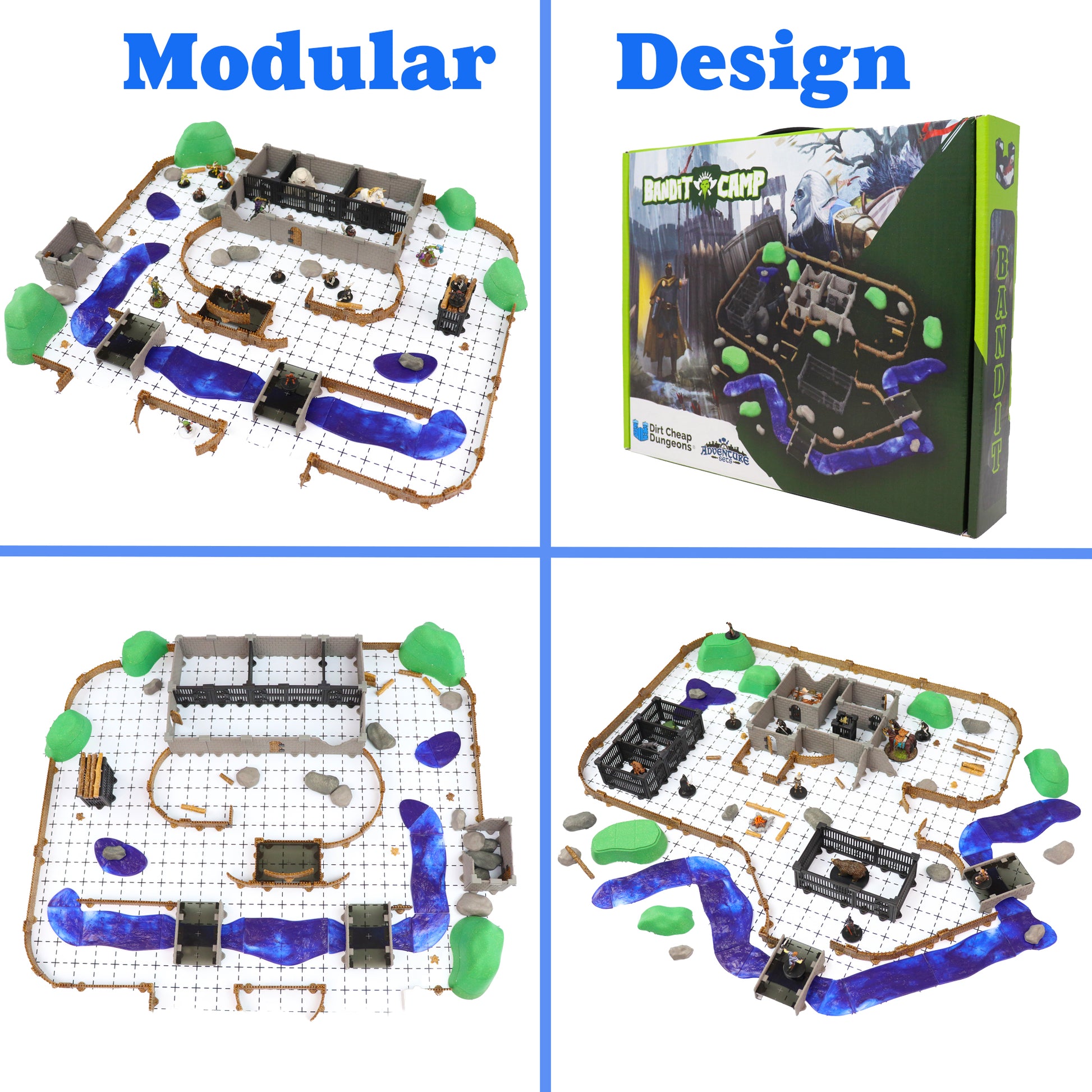 Wide view of the fully assembled Bandit Camp Adventure Set modular terrain, configured as a fortified enemy stronghold with dungeon structures, palisade walls, and scattered terrain elements.