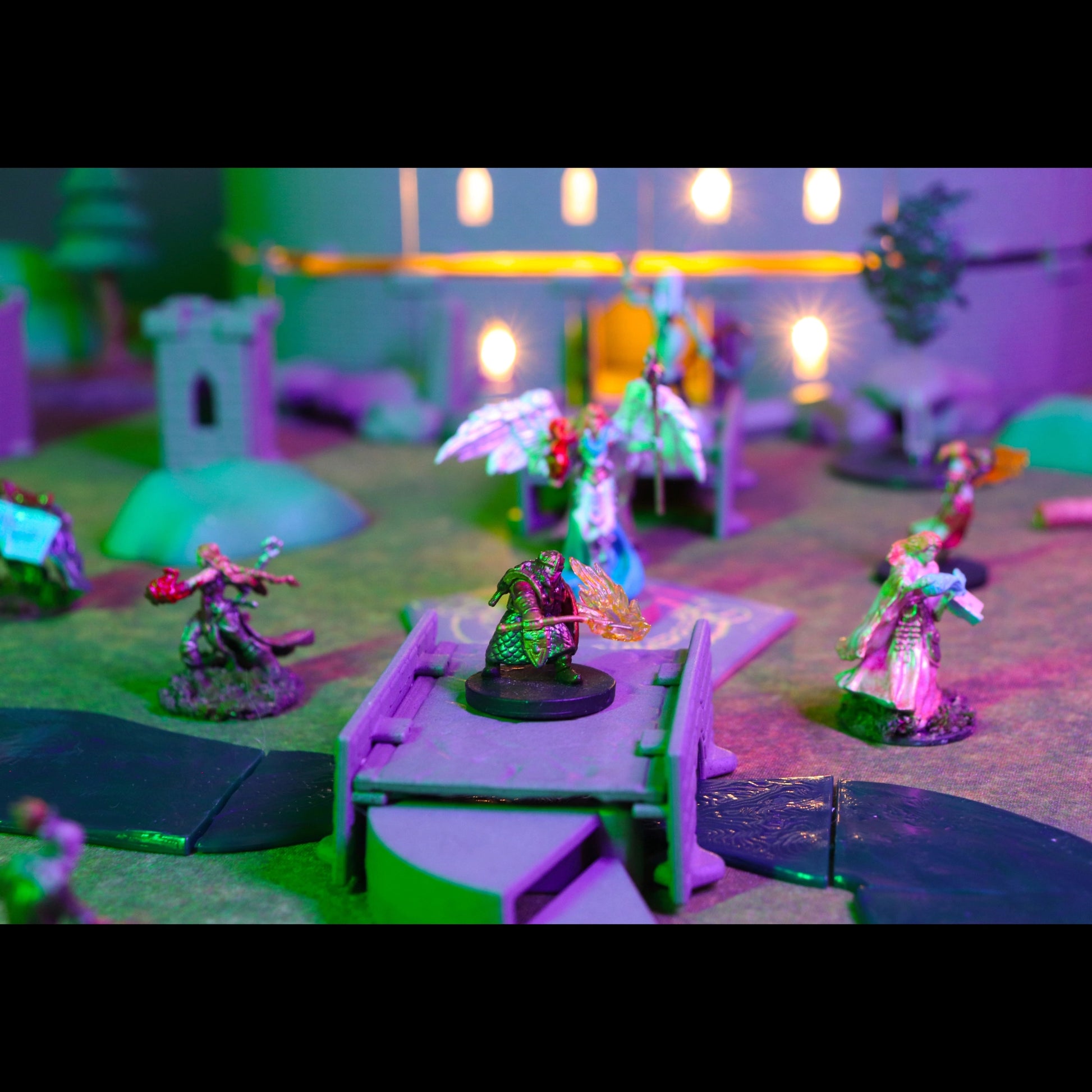 An adventurers prepares to defend a bridge over fetid water made from the Lich Sanctorum Set from incoming enemies while an angelic figure stands on a summoning circle in the background.