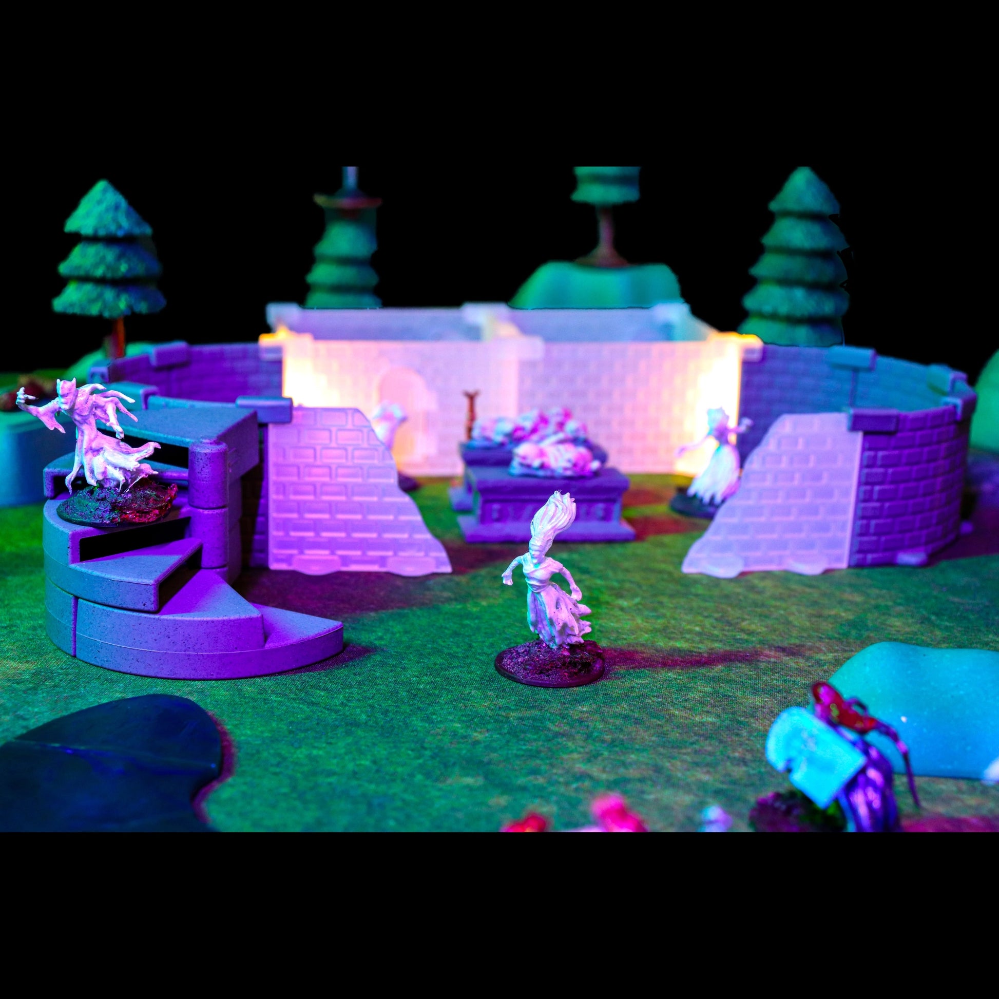 Scene showing the Magic Ruins Kit being used as a crypt or tomb and surrounded by a crumbling structure while being guarded by ghosts, enhancing the dark fantasy landscape visual.