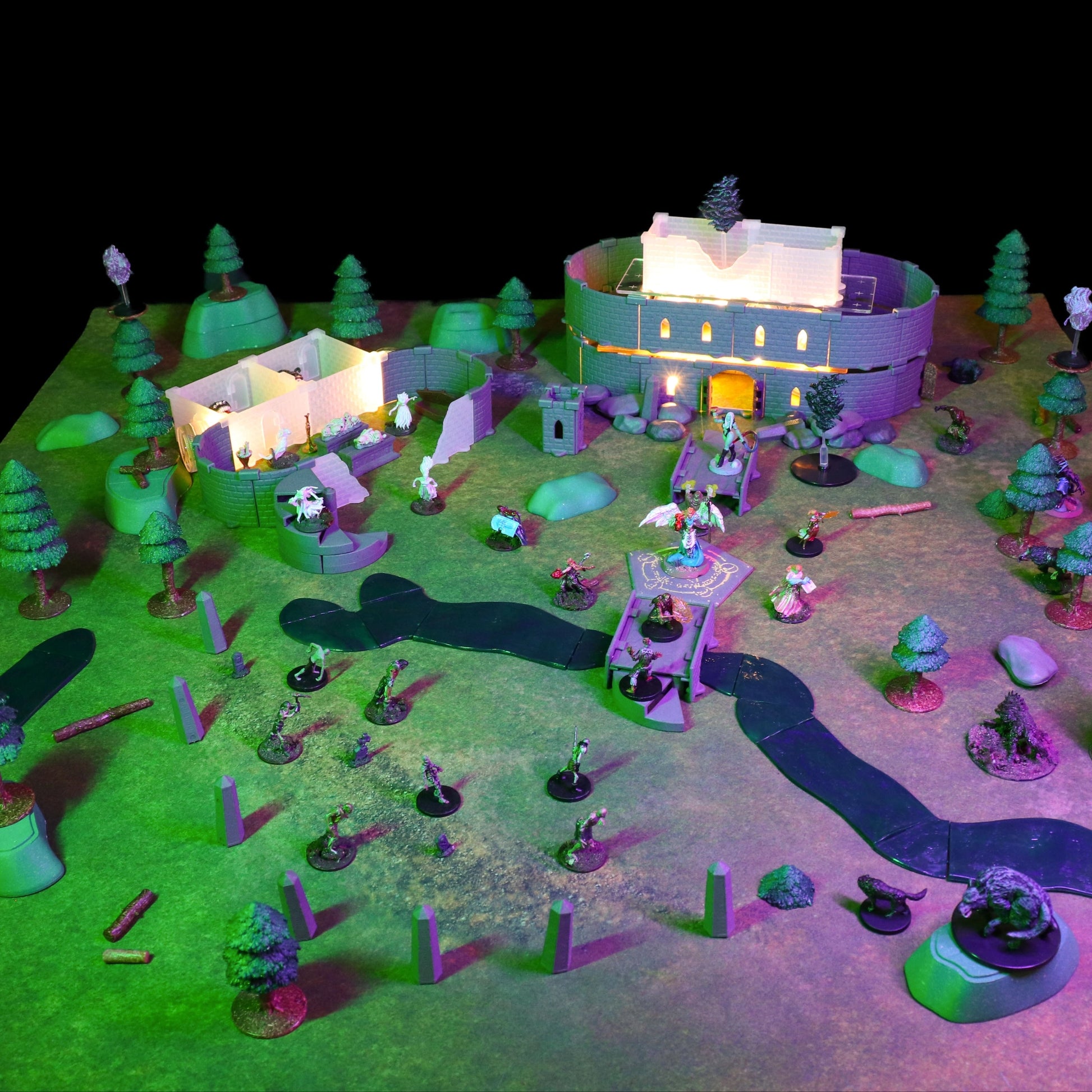 Scene featuring the Dark Pine Forest Kit trees and scatter terrain integrated with the Magic Ruins Kit pieces, setting a gloomy wilderness encounter in the Cursed Lands.