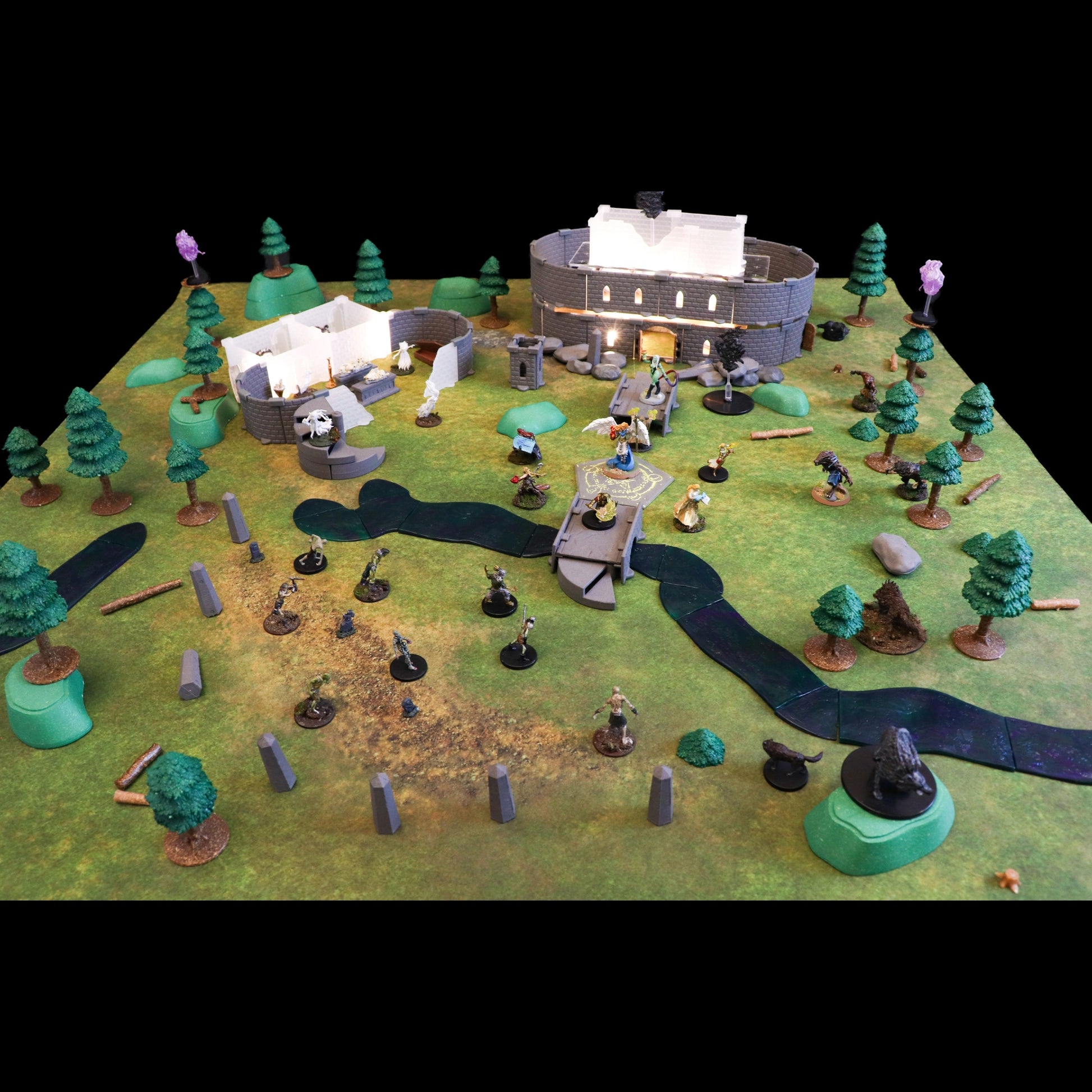 Wide overhead view of the Cursed Lands Bundle fully assembled, creating a sprawling dark fantasy campaign map combining the Lich Sanctorum, Dark Pine Forest, and Magic Ruins kits.