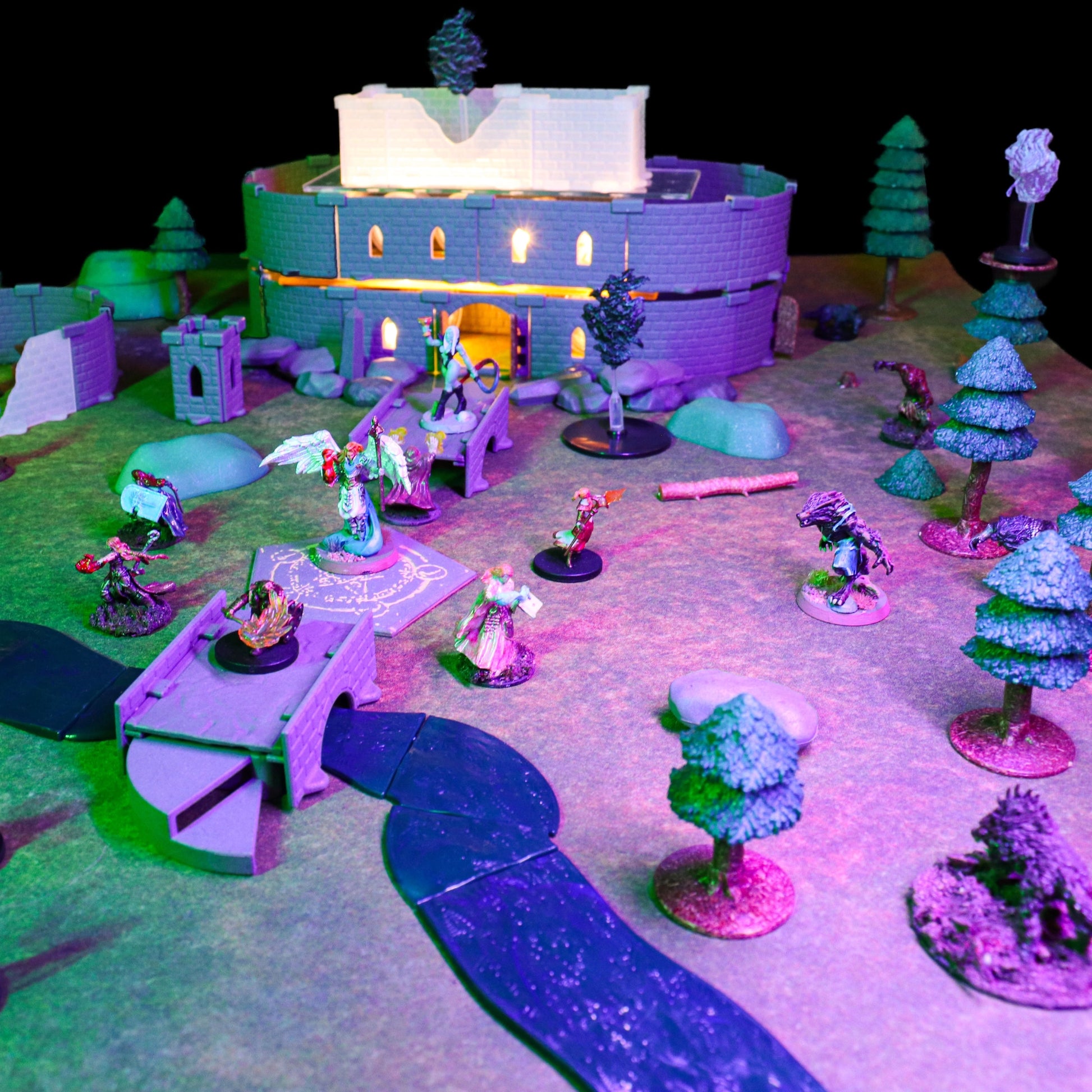 A scene depicting a battle to either complete or interrupt a dark ritual, with a glowing castle in the background made from the Lich Sanctorum Set walls and the Magic Mini Ruins Kit.