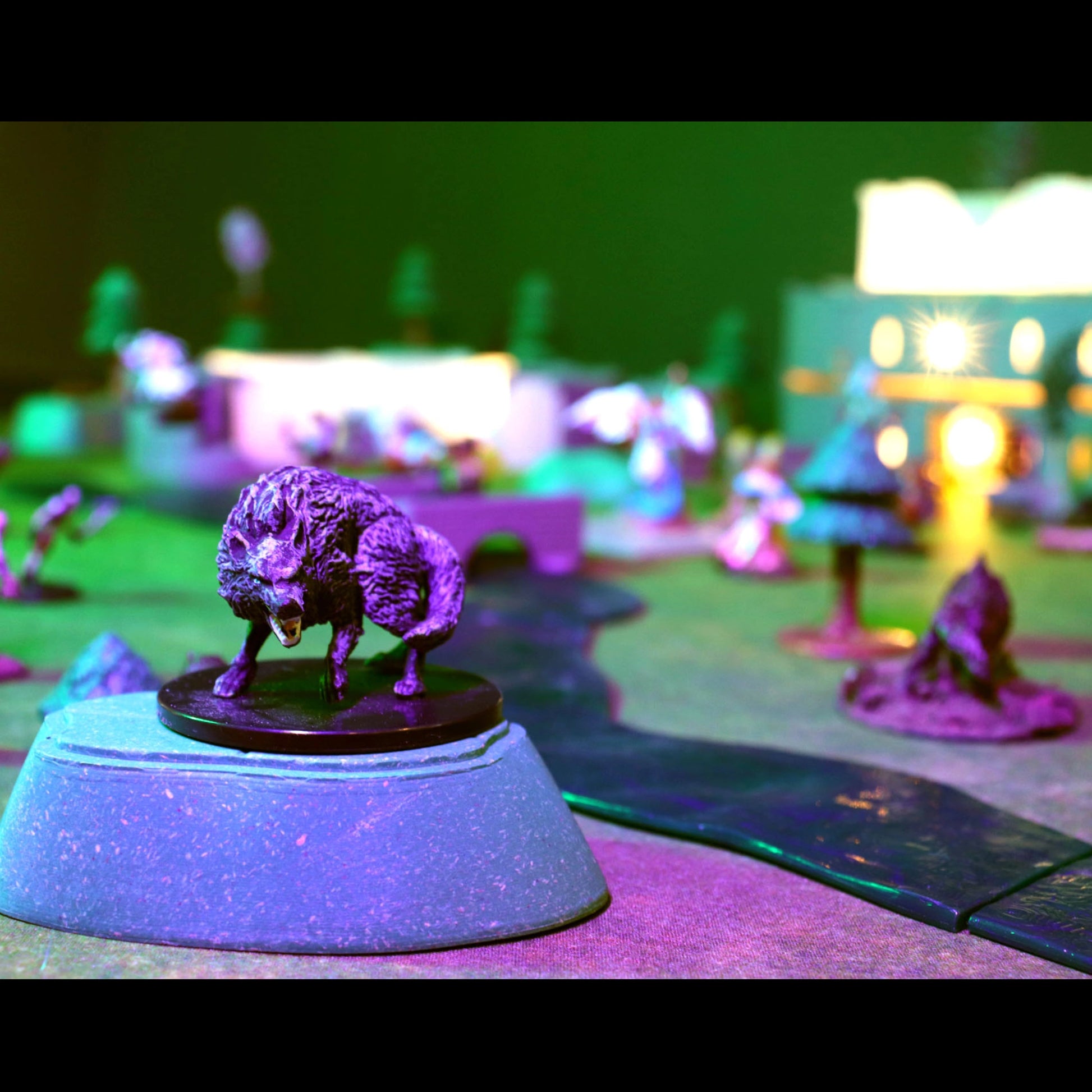A close-up shot of a wolf enemy poised to attack with a river, and ancient glowing ruins in the background made with the Cursed Lands Bundle.