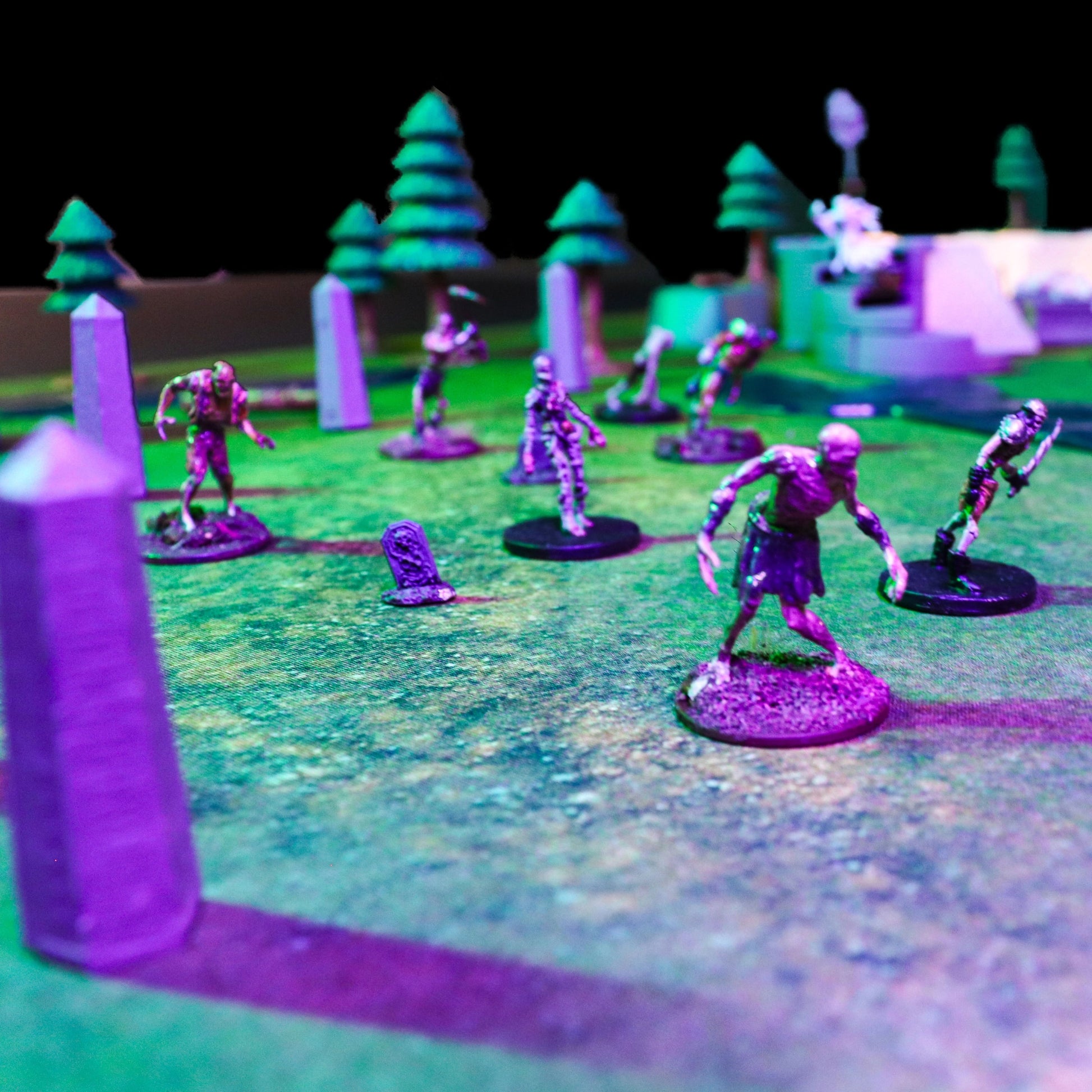A close-up shot of the dead rising from their graves in the Dark Pine Forest to attack the living, focusing on the Summoners Altar obelisks.