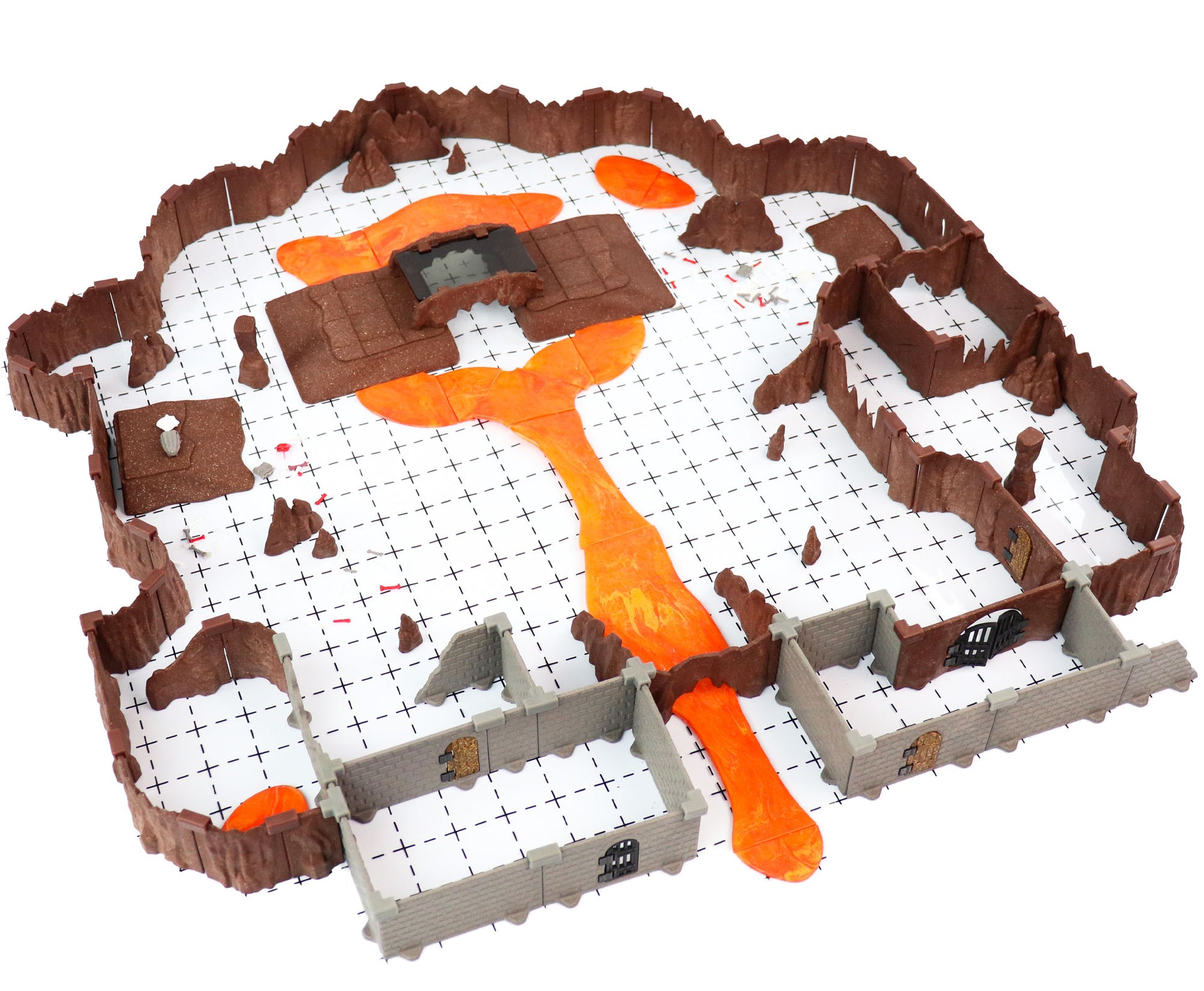 Overhead image showing the many modular pieces of the Dragon's Lair Adventure Set laid out assembled on a grid, illustrating the full piece count and variety of cavern and lava sections.