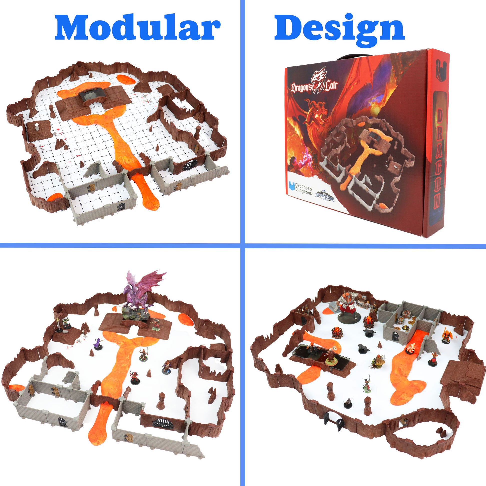 Image demonstrating the modular versatility of the set, combining cavern pieces with what appear to be stone wall pieces to create a section of fortified stone ruins within the volcanic lair.