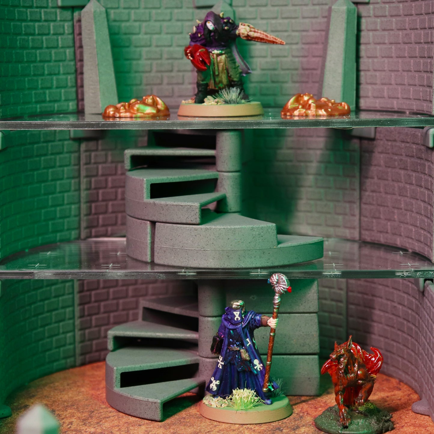 Close-up scene featuring miniatures engaged in combat on the Spiral Staircase and multi-level platforms of the Lich Sanctorum Set, demonstrating epic verticality for D&D battles.