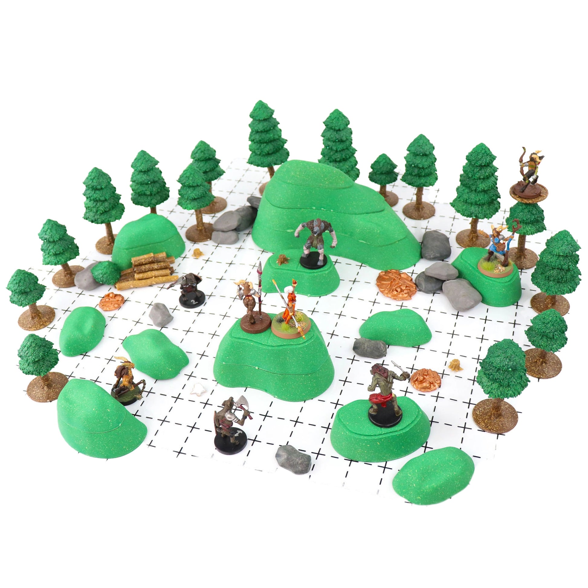 Wide overhead view of the Gnoll Terrain Core Set arranged as an outdoor forest battlefield in addition to a Dark Pine Forest Kit, with various green modular hills, trees, and fantasy miniatures positioned for a D&D encounter.