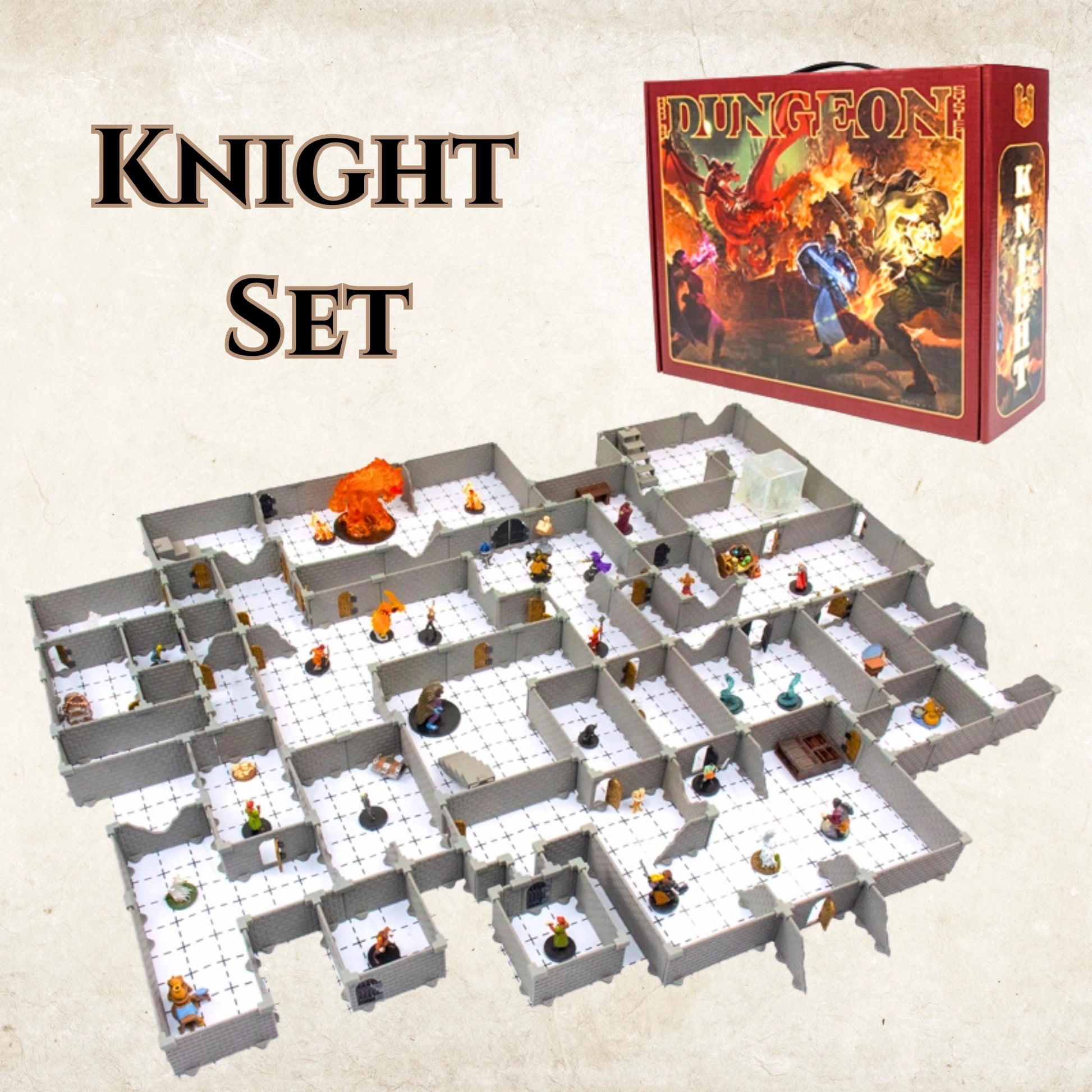Image showcasing the Knight Set product box next to a massive, complex layout of the modular dungeon terrain with numerous miniatures. This is your largest modular D&D terrain core set.