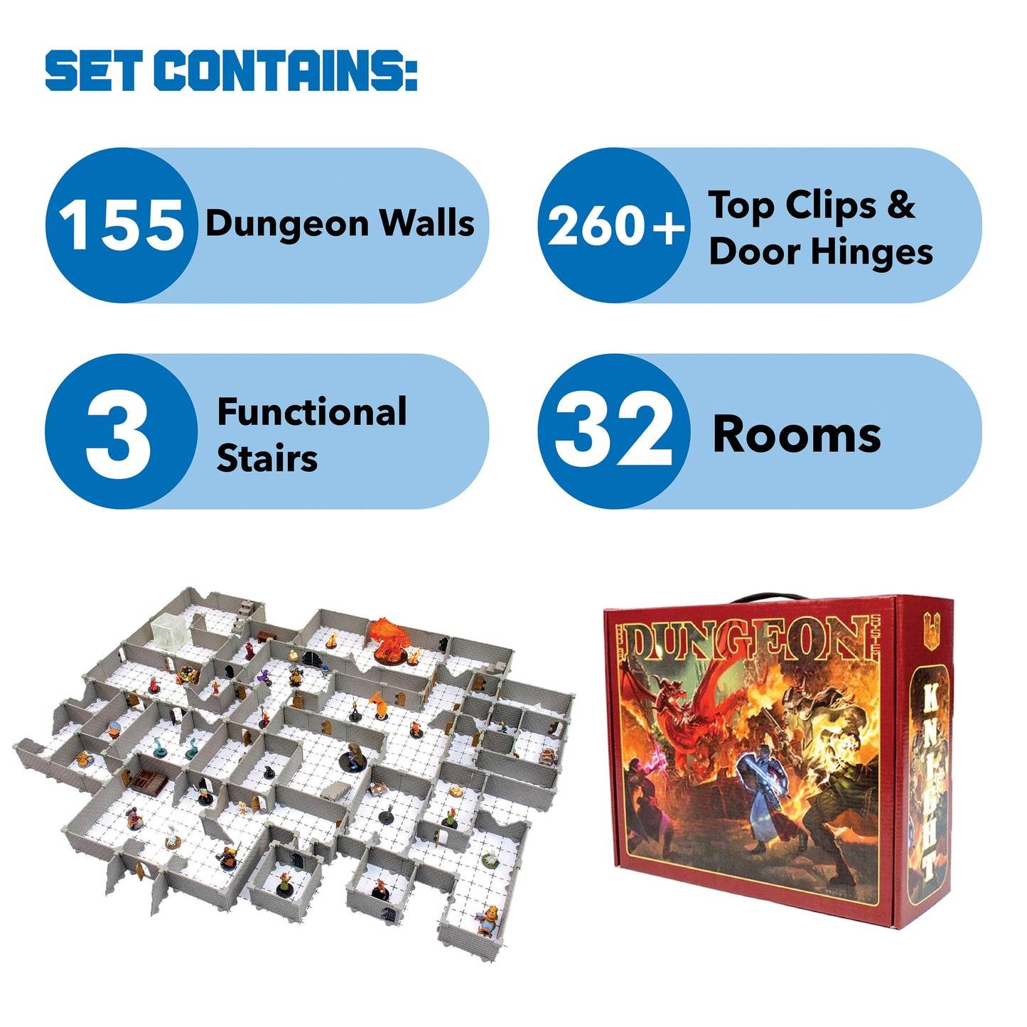 Product graphic detailing the contents of the Knight full dungeon set: 155 Dungeon Walls, 260+ Clips & Door Hinges, 3 Functional Stairs, and 32 Rooms. This highlights the size of the largest modular D&D terrain set.