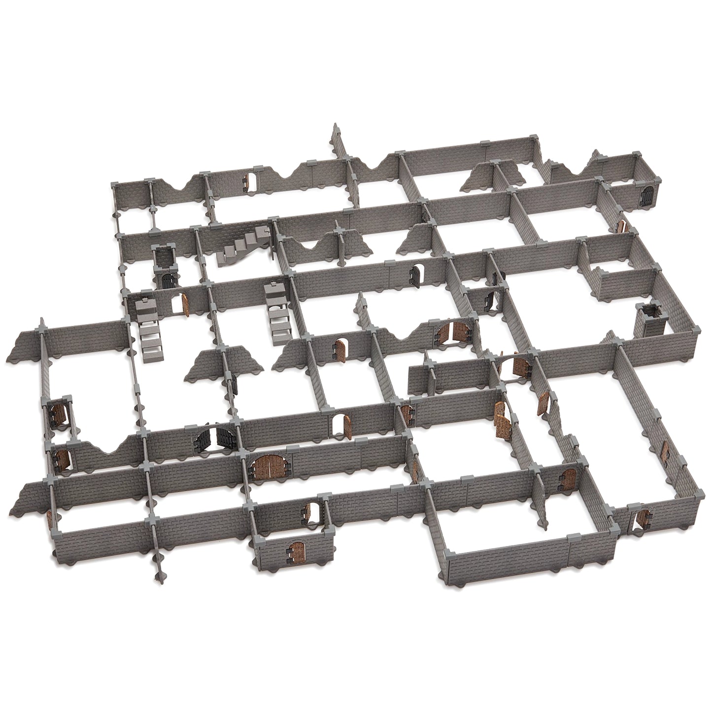 Isolated image of the gray Knight modular dungeon full set fully assembled on a white background, demonstrating the immense scale and complexity of the largest core terrain set.