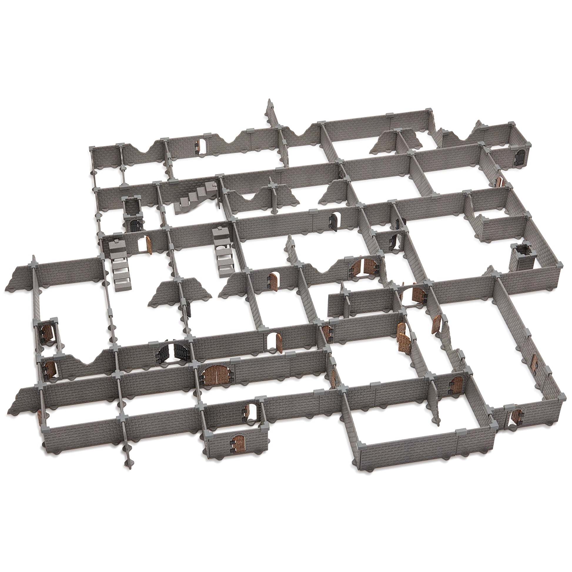 Isolated image of the gray Knight modular dungeon full set fully assembled on a white background, demonstrating the immense scale and complexity of the largest core terrain set.
