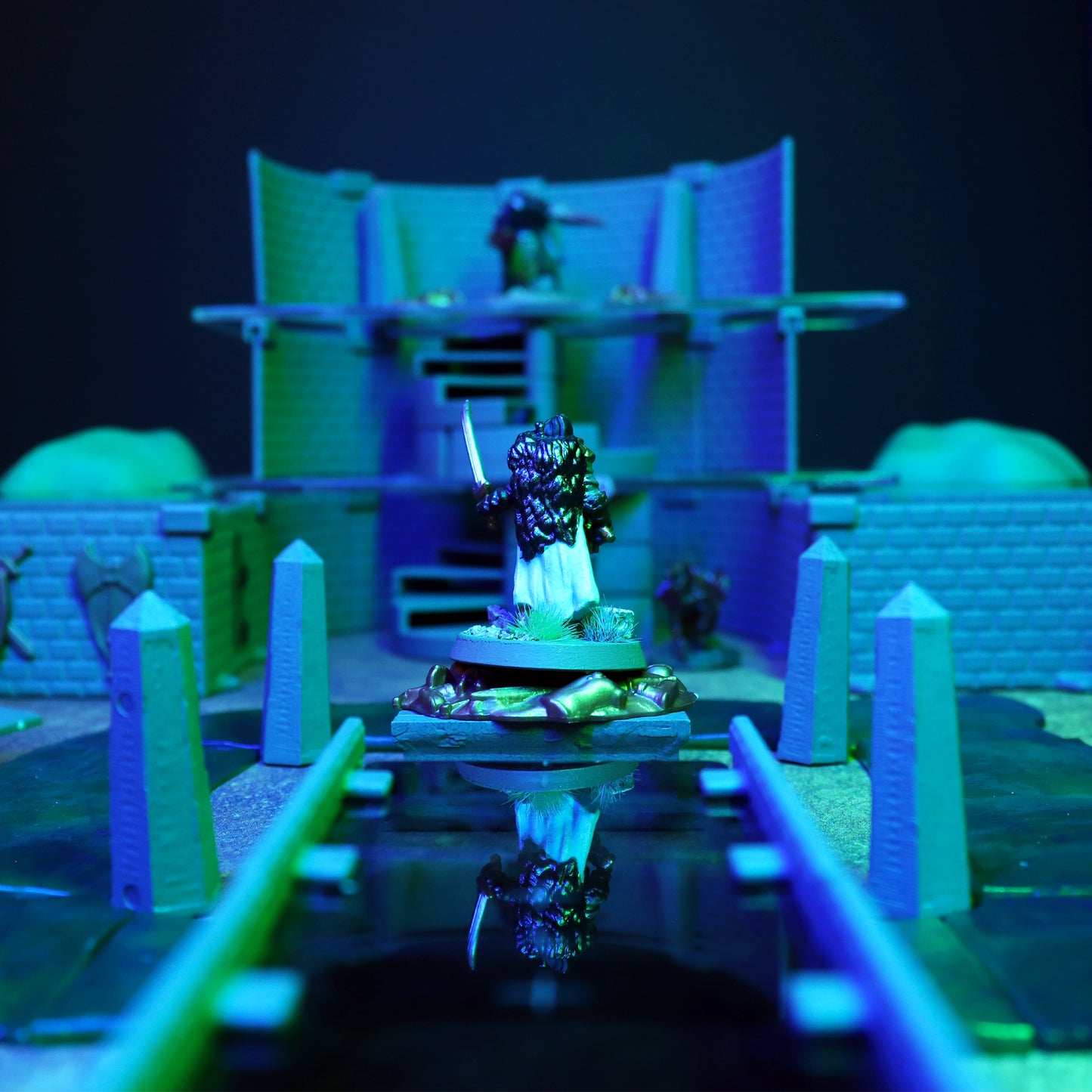 Atmospheric scene cast in blue light showing thematic scene of hero confronting BBEG on an Altar while the villian looks down from above, creating the dread-filled setting of a Lich's Sanctorum or ritual chamber for tabletop RPGs.