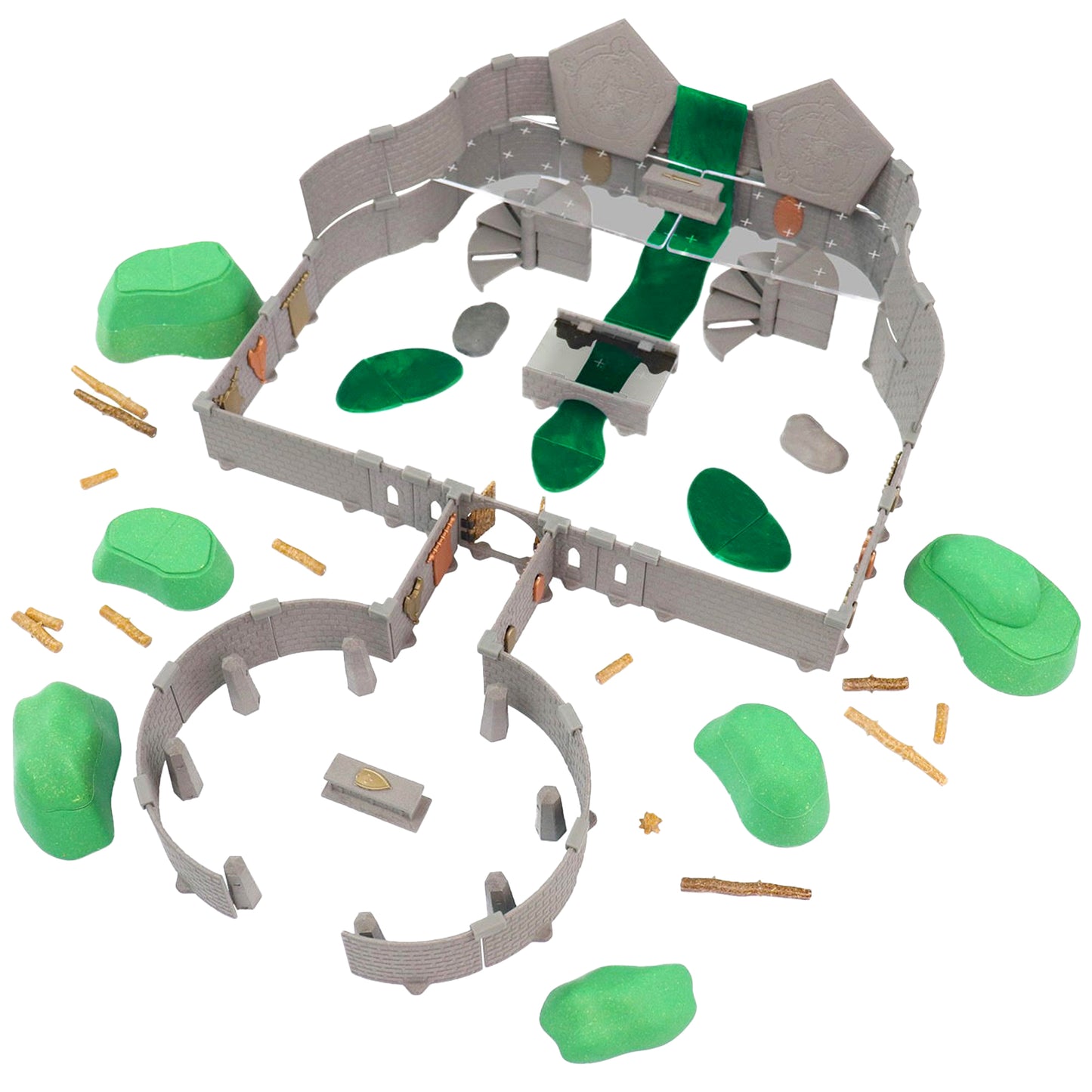 Image demonstrating the versatility of the set by building an outdoor ruin using the modular castle walls, complemented by Modular Hills, Logs, and Boulders scatter terrain.