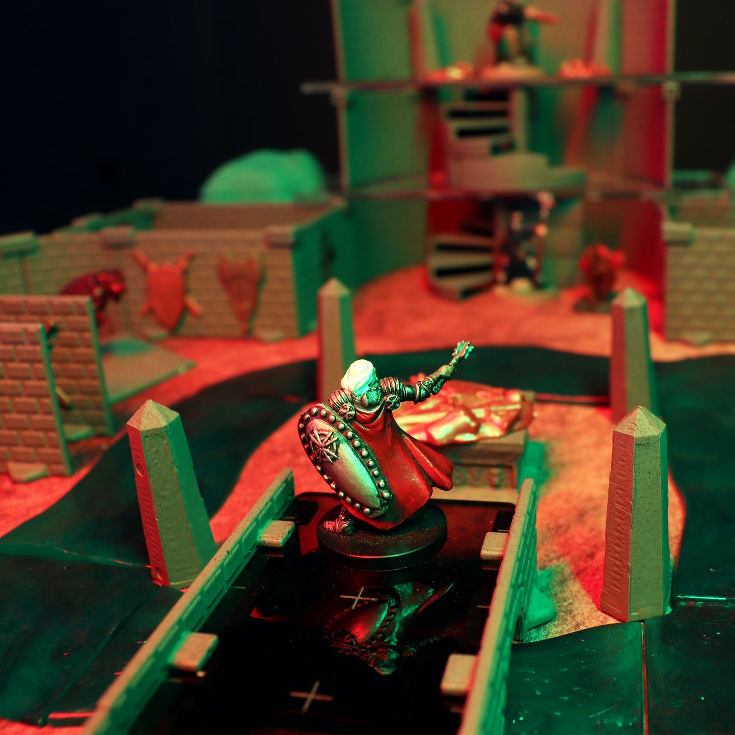 Close-up on the intricate Castle Decor Pieces and Obelisks, highlighting the Gothic and dark fantasy detail of the Lich Lair terrain for an undead encounter.