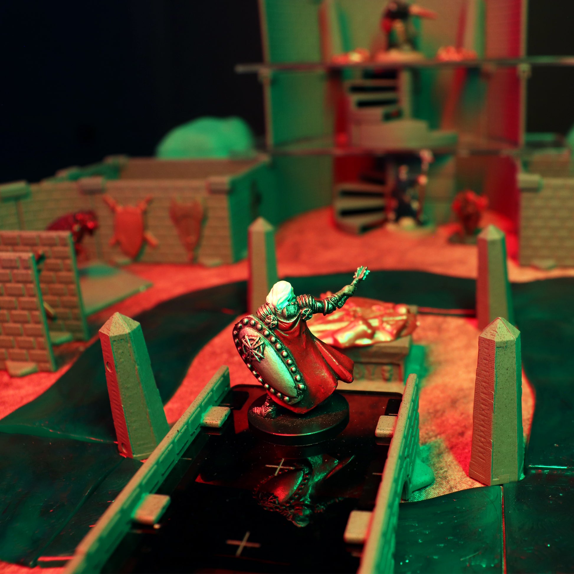 Close-up on the intricate Castle Decor Pieces and Obelisks, highlighting the Gothic and dark fantasy detail of the Lich Lair terrain for an undead encounter.