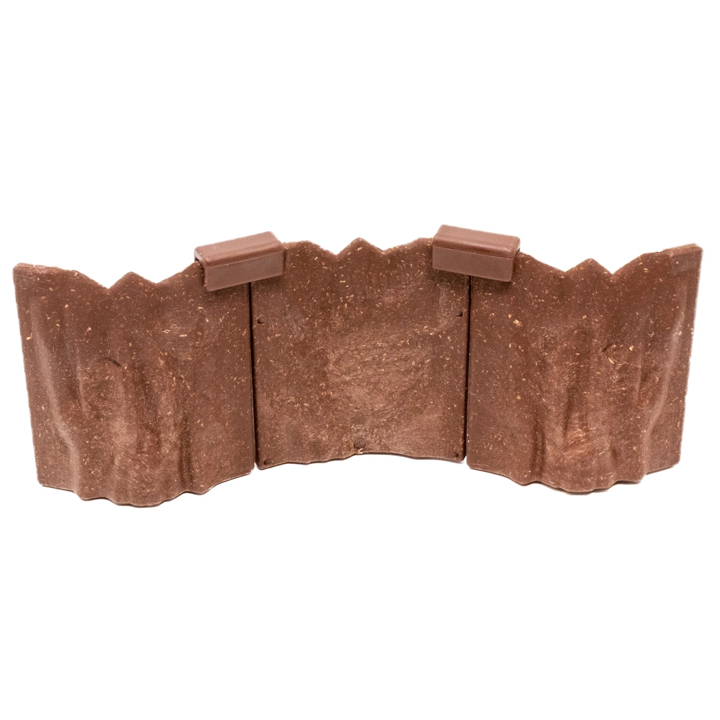 Isolated, detailed close-up of three connected Ogre Cavern modular wall pieces, clearly showing the brown, rugged rock texture and the dark clips used for assembly.