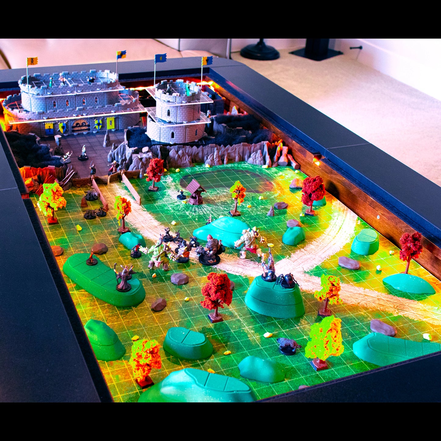 A second detailed shot of the Owlbear Terrain Set combined with dungeon and cavern pieces, illustrating how the modular hills can seamlessly integrate with other terrain types for complex tabletop RPG builds.