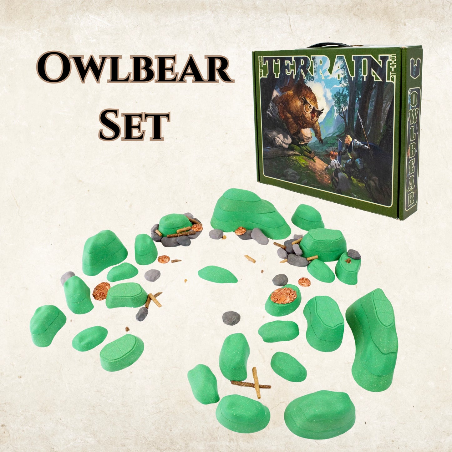 Image showing the Owlbear Terrain Core Set product box next to a larger assembled layout of green modular hills, rocks, and logs. This mid-range set is perfect for creating expansive outdoor D&D terrain and battlefields.