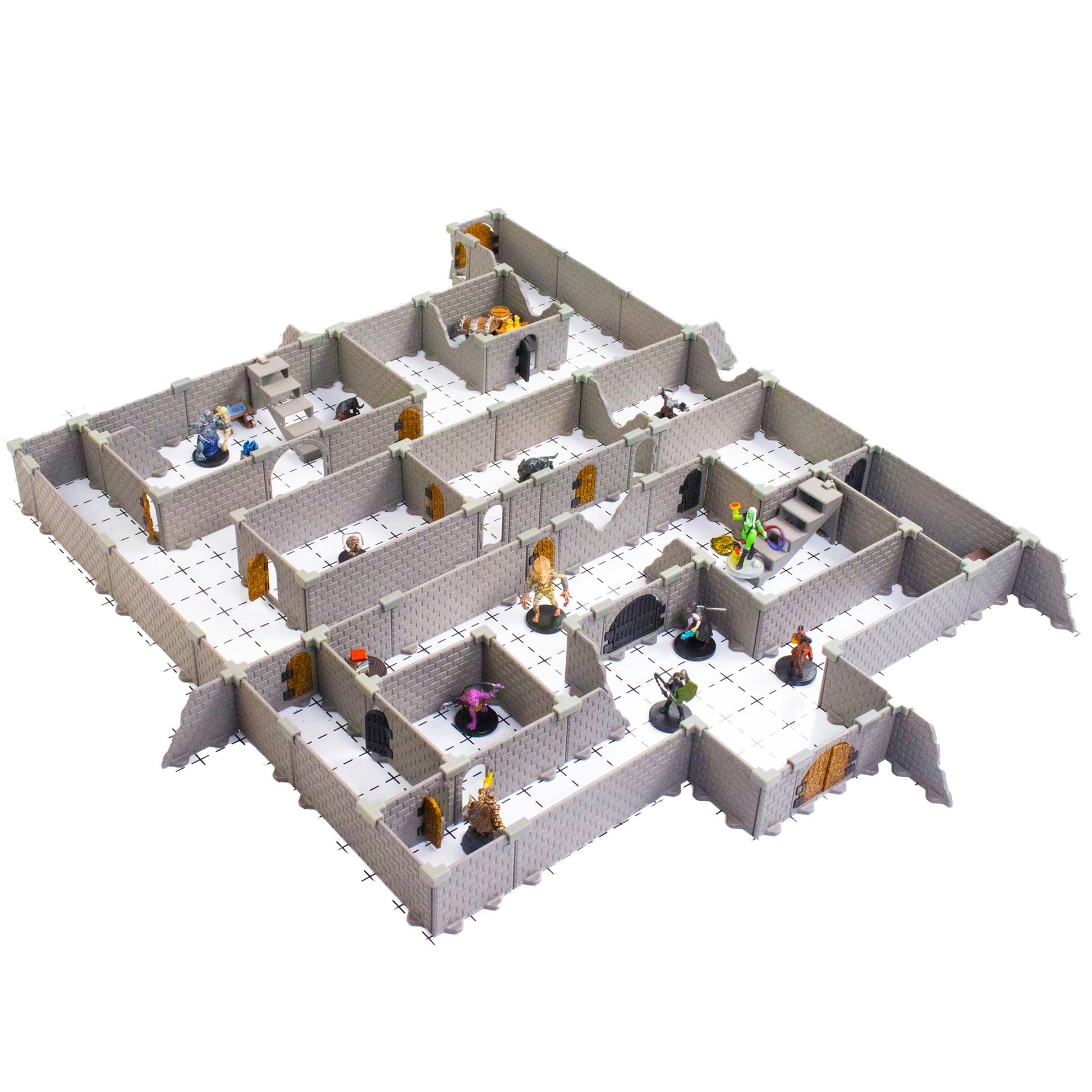Overhead view of the fully assembled Rogue modular dungeon full set with multiple rooms, corridors, and doorways, featuring several painted fantasy miniatures on a white grid mat, ideal for tabletop RPG combat.