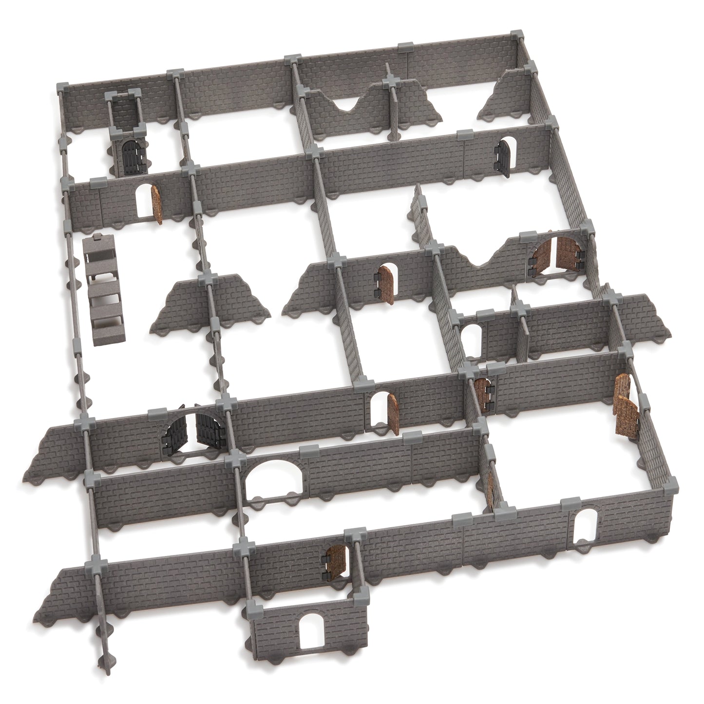 Isolated image of the large, grey Rogue modular dungeon full set fully assembled on a white background, clearly showing the clippable walls, multiple doorways, and stairs.