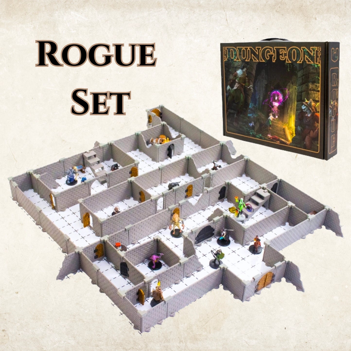 Image showcasing the Rogue Set product box next to a large, complex layout of the modular dungeon terrain with numerous miniatures, set on a white grid battlemap. This is a Rogue full modular D&D terrain set.