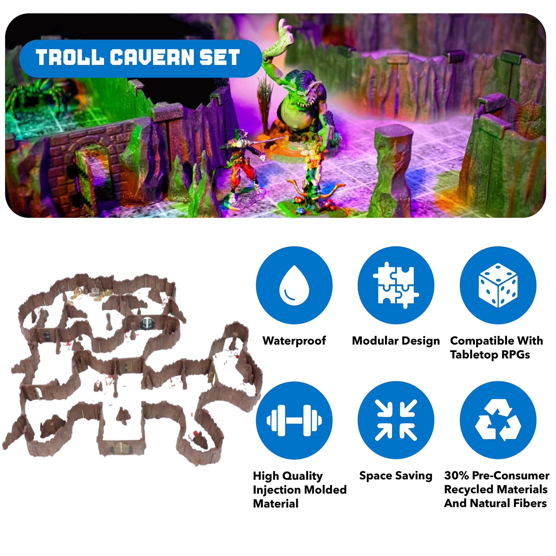 Product graphic detailing key features of the Troll Cavern Set: Waterproof, Modular Design, Compatible With Tabletop RPGs, Injection Molded, Space Saving, and made with 30% Pre-Consumer Recycled Materials.