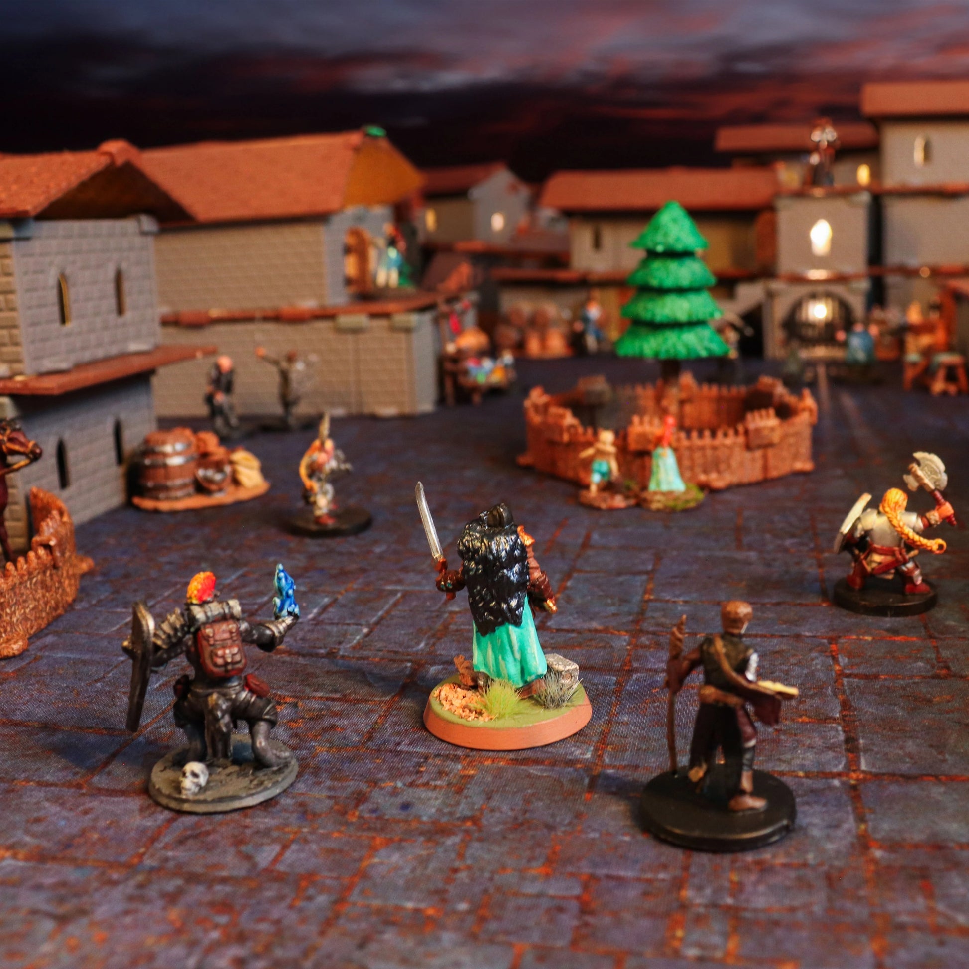 Scene depicting a busy marketplace full of building made from the Rogue Dungeon Set, Village Roofs Kit, and Palisade Kit, demonstrating how you can build lively villages with the Village of the Lost Bundle.