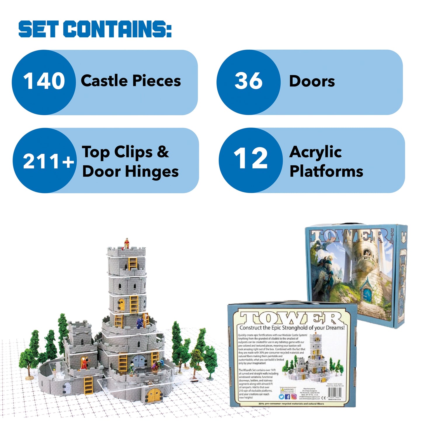 Product graphic detailing the contents of the Wizard's Tower Core Set: 140 Castle Pieces, Curved/Rounded regular and windowed Walls, and Acrylic Platforms. This set is designed for vertical tower building.