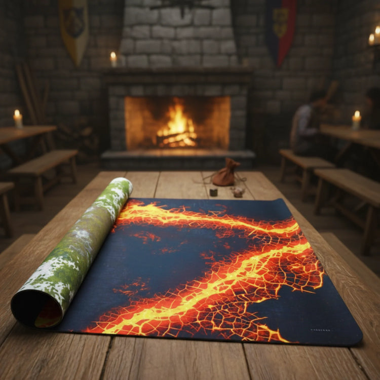 A double-sided TableWar brand battle map featuring a muddy field on one side, and a lava landscape on the other laying on a fantasy tavern table.