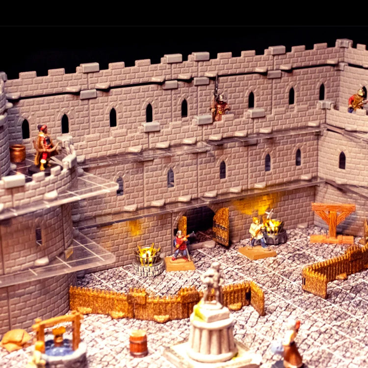 A close-up shot of a multi-floor castle or building entrance in a city with defensive palisades, ramparts, and gaurds.