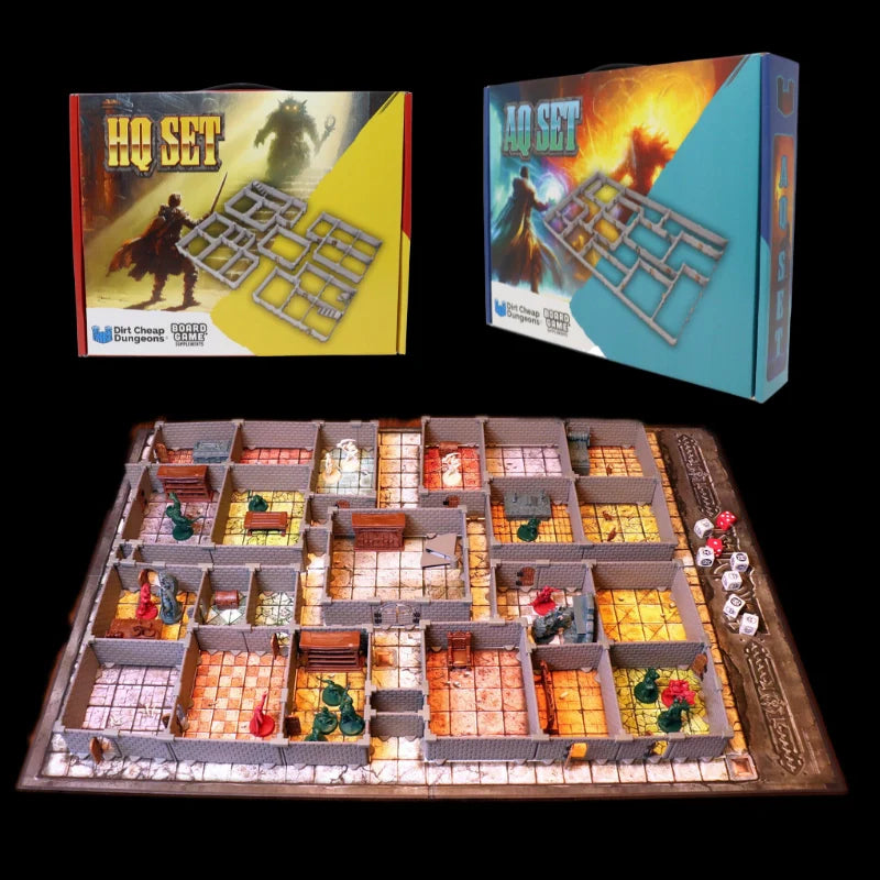 A picture of the HQ and AQ Board Game Supplement product boxes on a black background with a Hero Quest game board set up in the foreground.