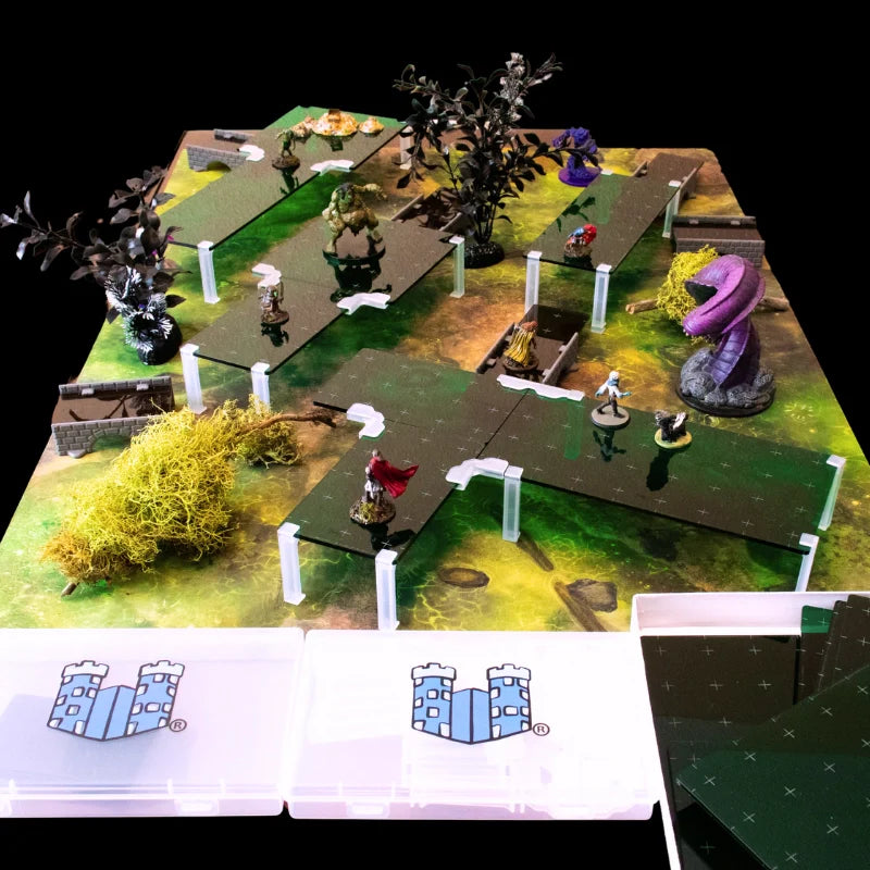 A scene of adventures battling atop raised Acrylic platforms using Acrylic Clips Expansion in a forest while a purple worm attacks from below.