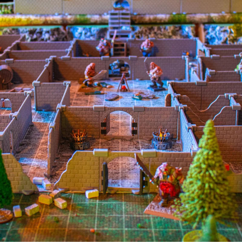 A picture of a dungeon entrance using the Knight Dungeon Set guarded and occupied by large ogres.