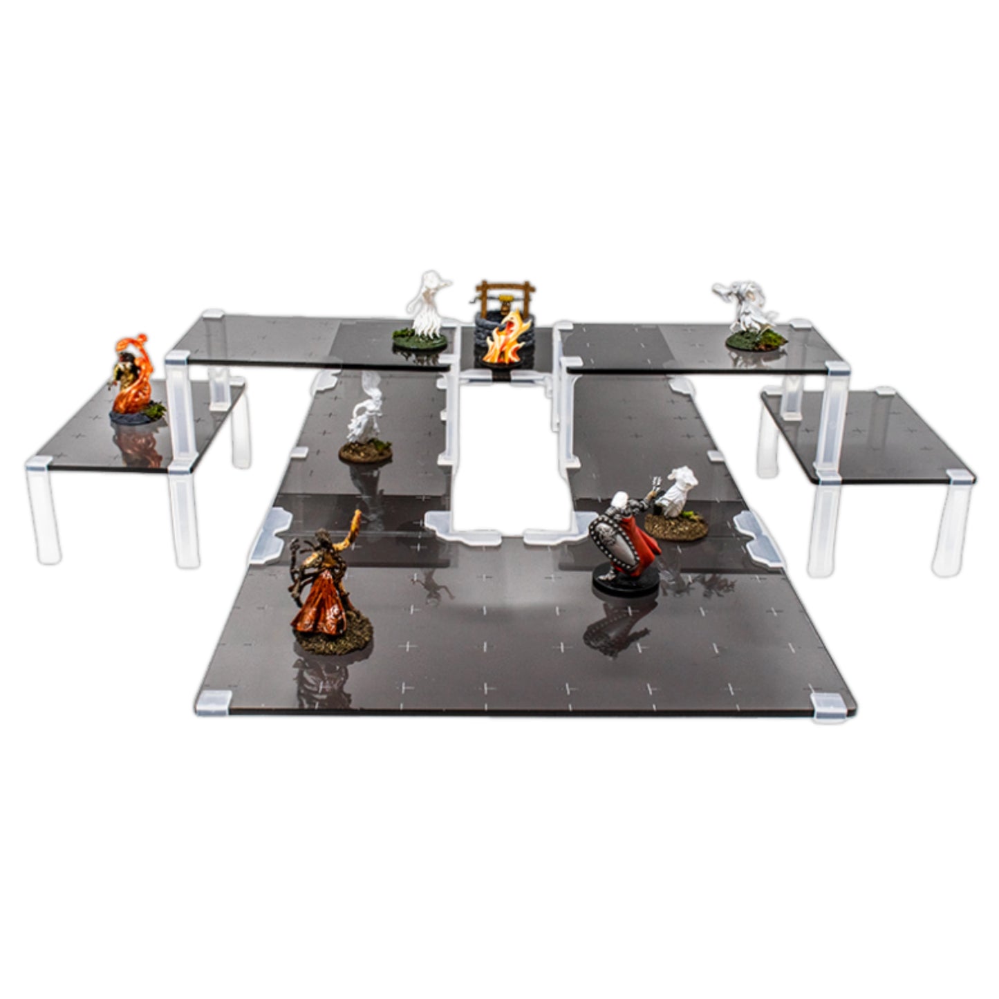 T-shaped, multi-level setup using black acrylic platforms and clear platform clips, featuring various DND miniatures.