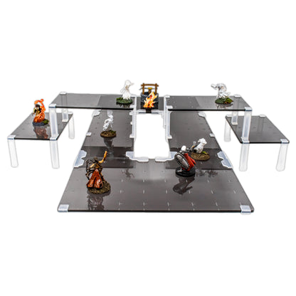 T-shaped, multi-level setup using black acrylic platforms and clear platform clips, featuring various DND miniatures.