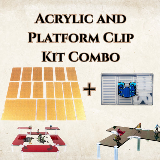 Graphic showing the modular components of the Acrylic Platform Clips Kit Combo: acrylic tiles and plastic platform clips.