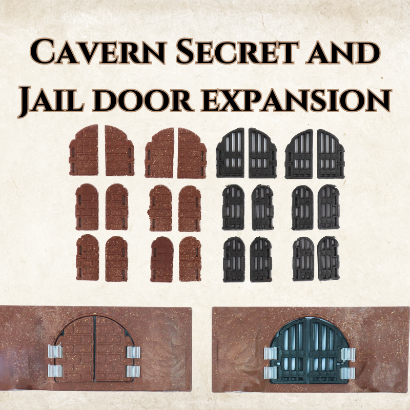 Product title graphic for Cavern Secret and Jail Door Expansion, showing 20 modular stone and iron door pieces.