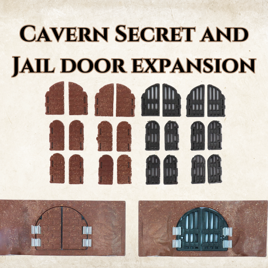 Product title graphic for Cavern Secret and Jail Door Expansion, showing 20 modular stone and iron door pieces.
