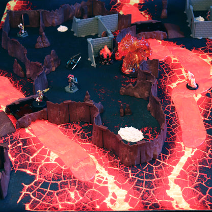 Overhead TTRPG battle scene featuring multiple Lava Rivers intersecting with Cavern Walls, a fire elemental monster miniature, and hero miniatures for a complex dungeon encounter.