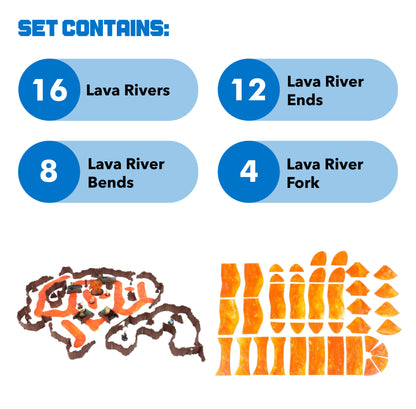 Graphic detailing the contents of the kit: 16 Lava Rivers, 12 Lava River Ends, 8 Lava River Bends, and 4 Lava River Forks, with product examples shown below.