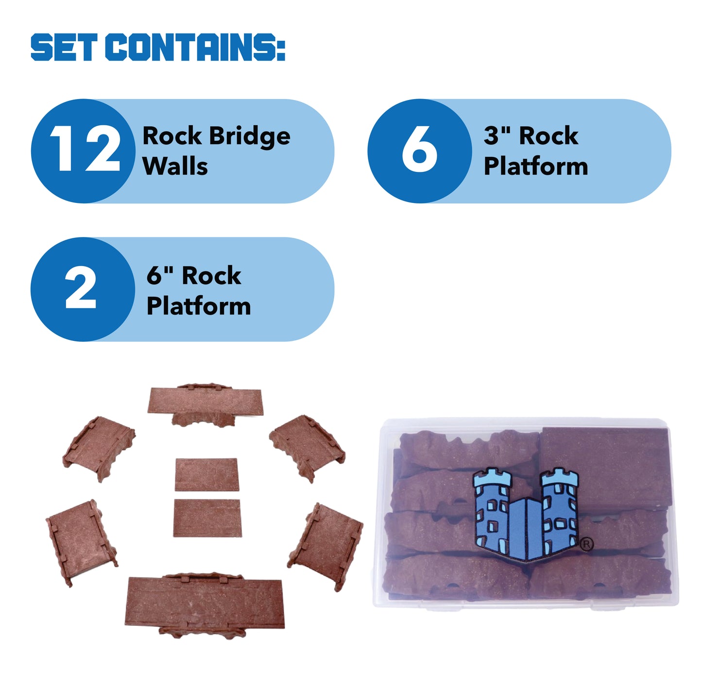Graphic detailing the contents of the kit: 12 Rock Bridge Walls, 6 x 3" Rock Platforms, and 2 x 6" Rock Platforms, shown with the pieces and storage box.