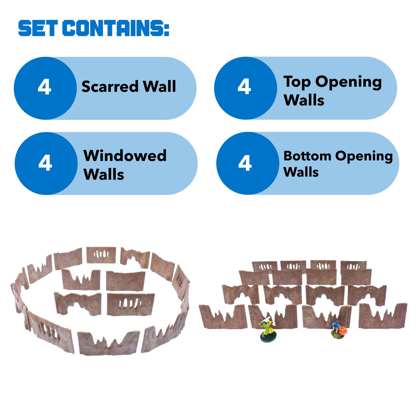 Graphic showing the four types and quantities of pieces in the expansion: 4 Scarred Walls, 4 Top Opening Walls, 4 Windowed Walls, and 4 Bottom Opening Walls.