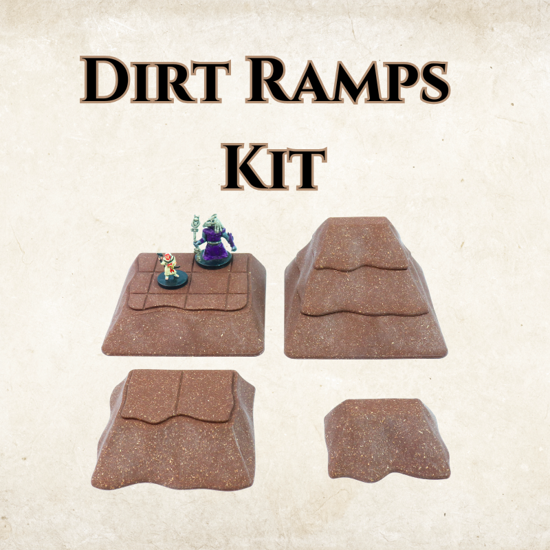 Product title graphic showing four modular dirt ramp pieces with two Dungeons and Dragons miniatures on the top section.