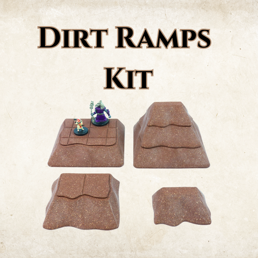 Product title graphic showing four modular dirt ramp pieces with two Dungeons and Dragons miniatures on the top section.