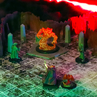 Dramatic TTRPG scene showing wizard miniatures performing a ritual around a glowing Elemental monster on a Summoning Circle, surrounded by tall Obelisks.