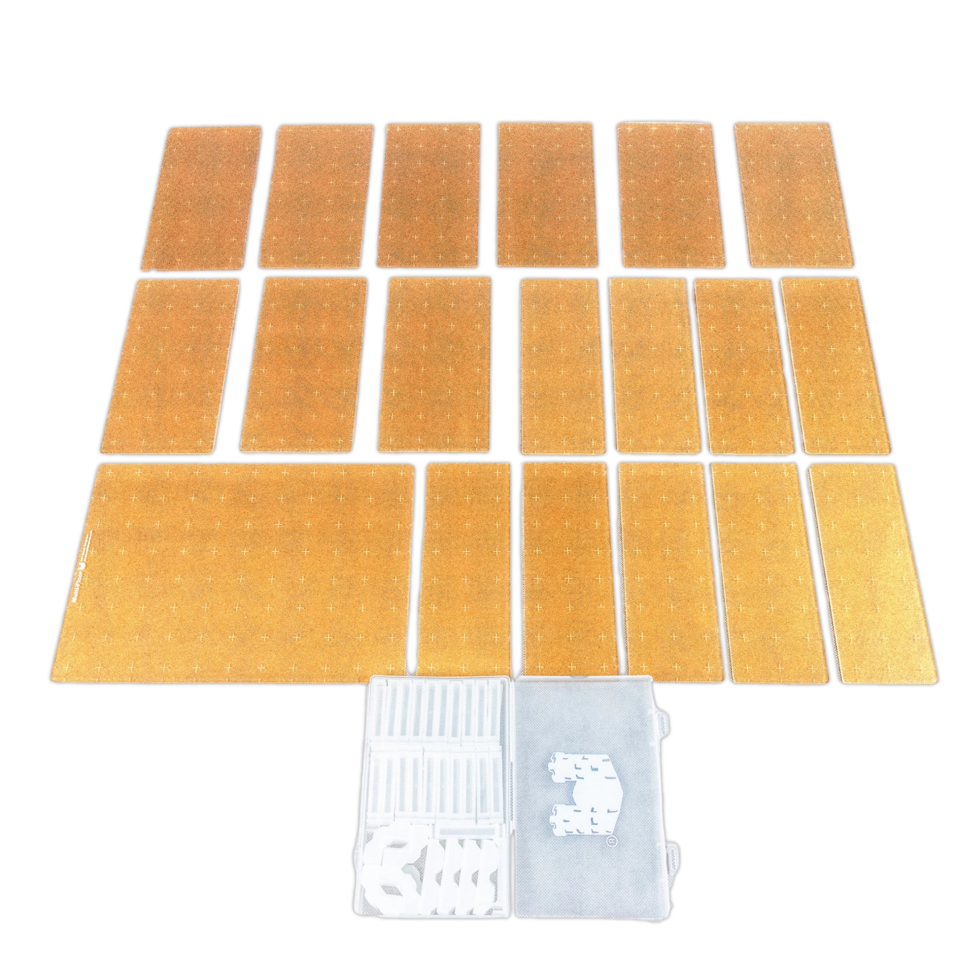 Overhead view of all components: clear plastic platform clips and 20 rectangular gold-colored acrylic TTRPG grid tiles.