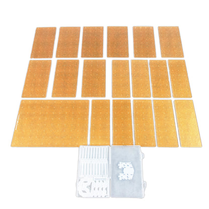 Overhead view of all components: clear plastic platform clips and 20 rectangular gold-colored acrylic TTRPG grid tiles.