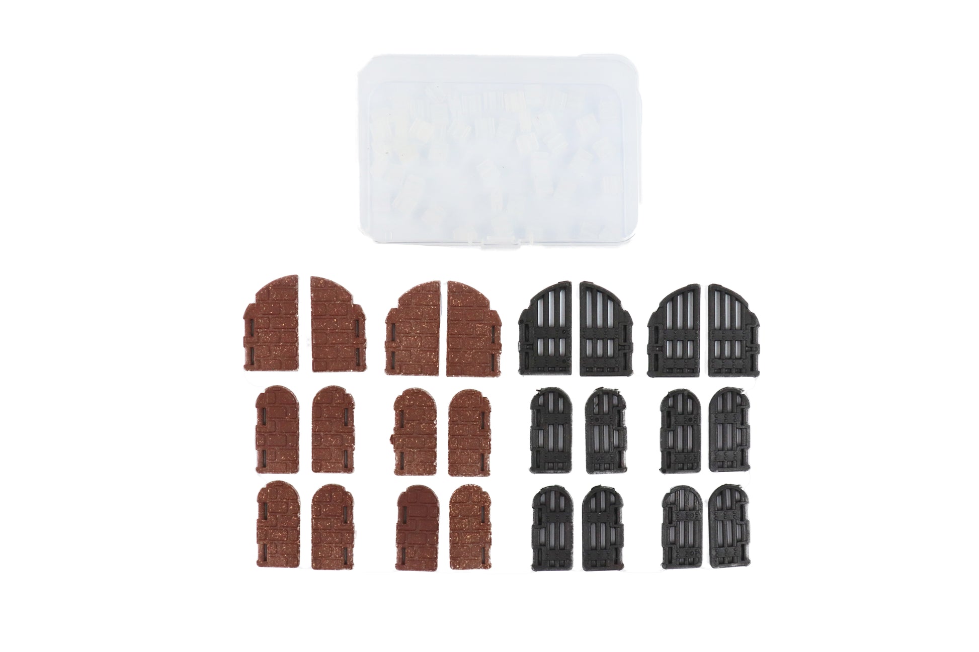 Complete set of 20 modular secret and jail door TTRPG terrain components and plastic packaging tray.